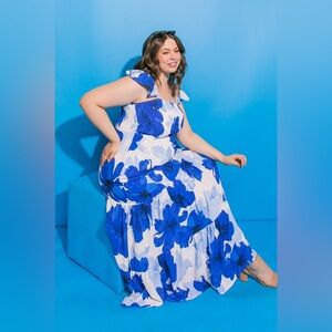 Flying Tomato Blue Floral Dress with Tie Sleeves